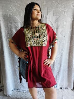 Artisan Embroidered Pom Pom Poncho Tunic | Red Kaftan | XL-2XL | Global Fashion